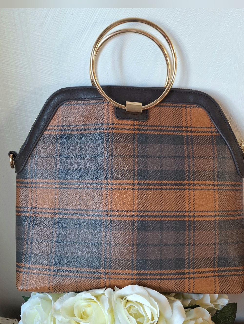 Iman Plaid Faux Leather Satchel Handbag With Gold Toned Rings,RN#67508,  NWOT
